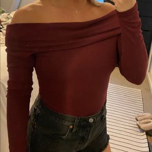 Maroon ribbed off the shoulder bodysuit